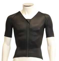 A black short-sleeve compression vest with a front zipper, displayed on a white mannequin torso against a white background.