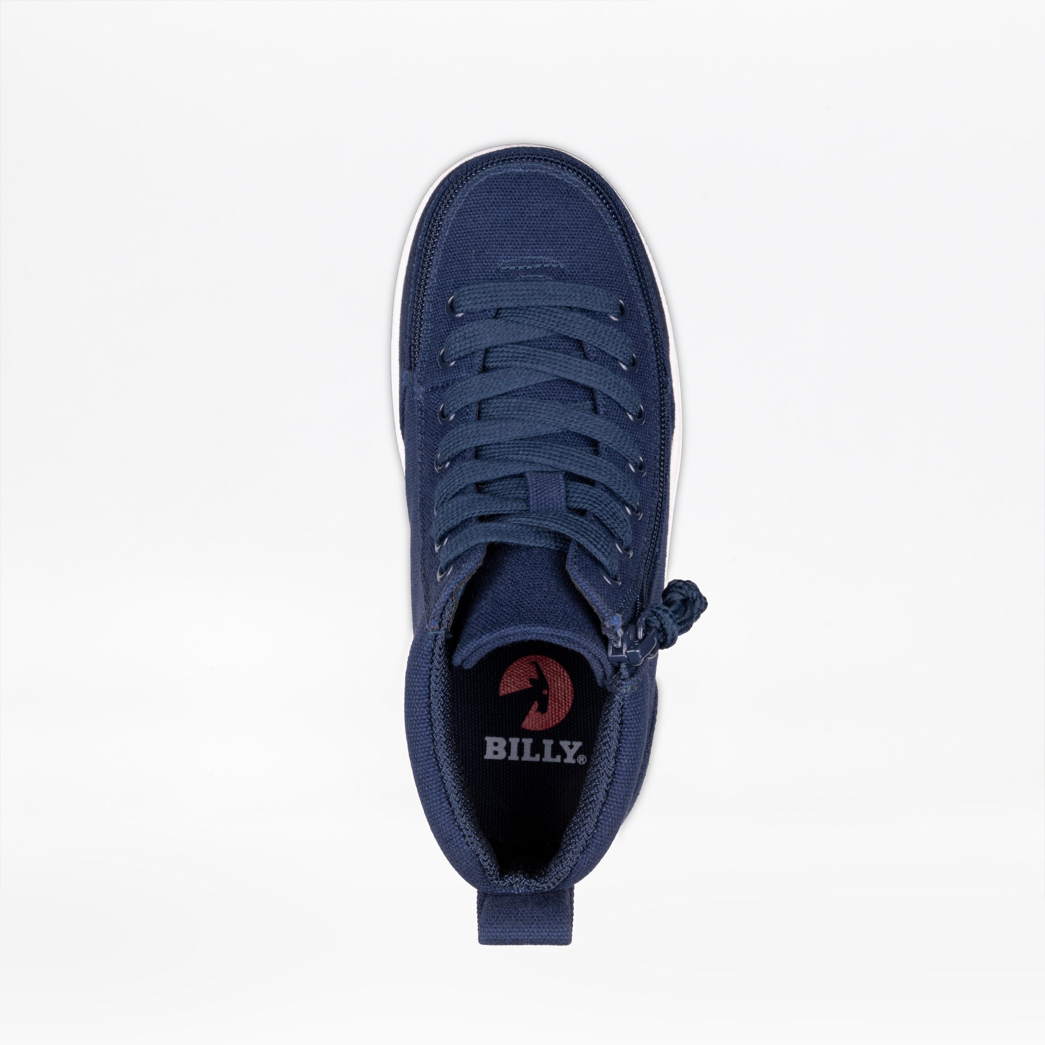 A navy blue high-top canvas sneaker shown from a top-down view on a clean white background. The shoe features matching navy laces, a pull tab, and a red and white Billy brand logo printed on the inner heel.