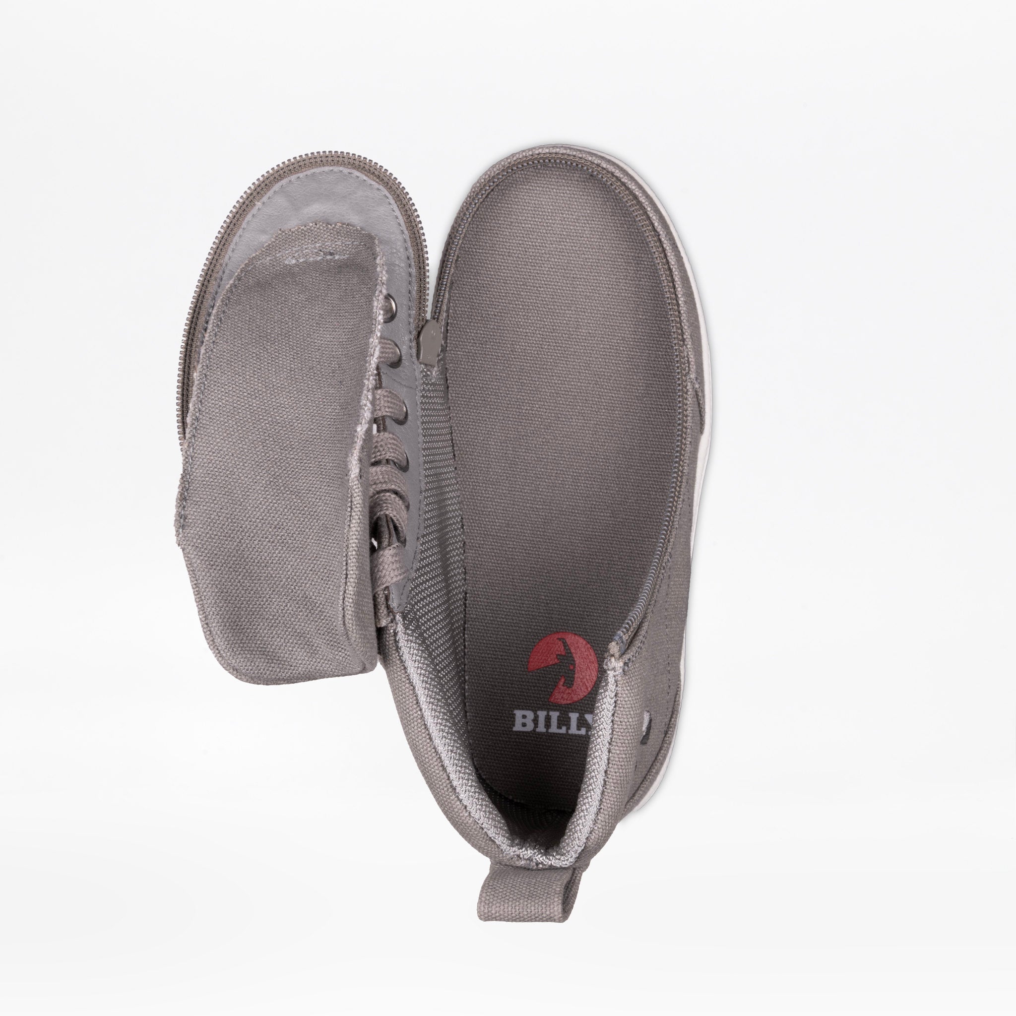 Gray slip-on shoe with a visible brand logo on a white background