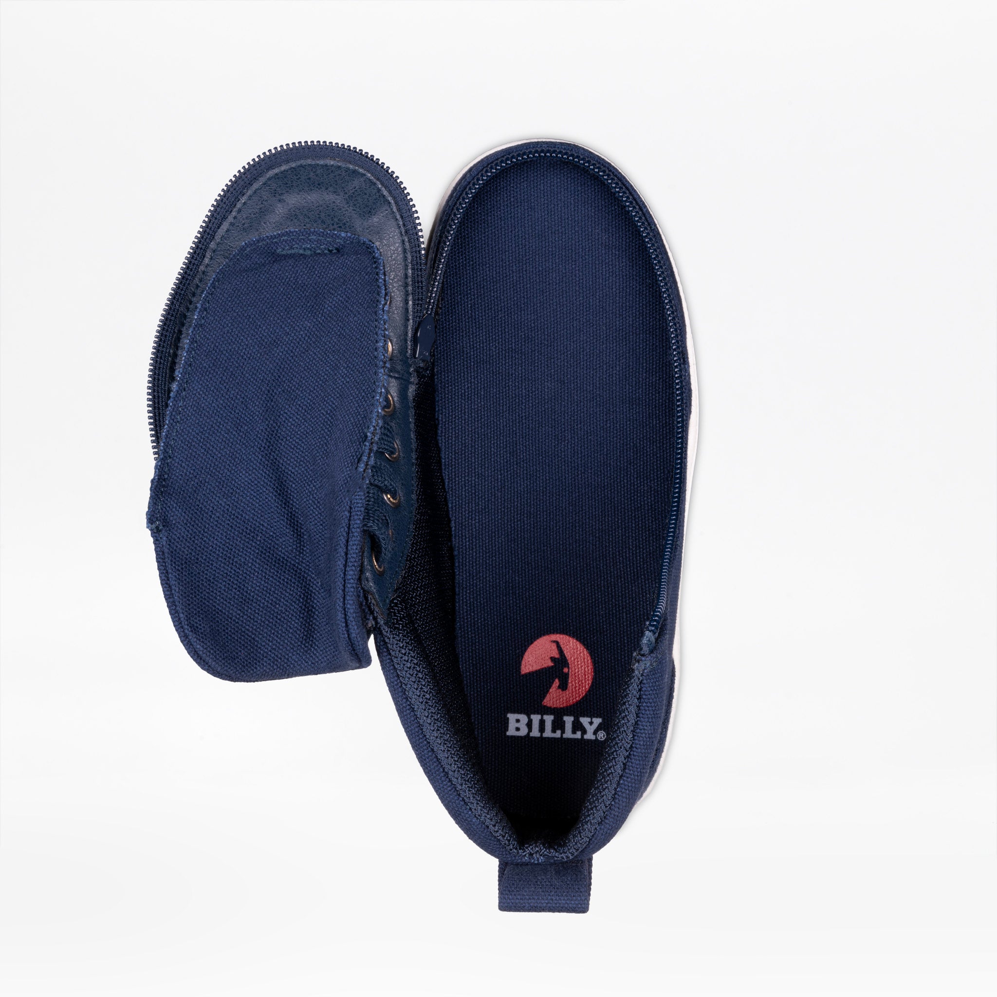 Navy blue shoe with open design on a white background
