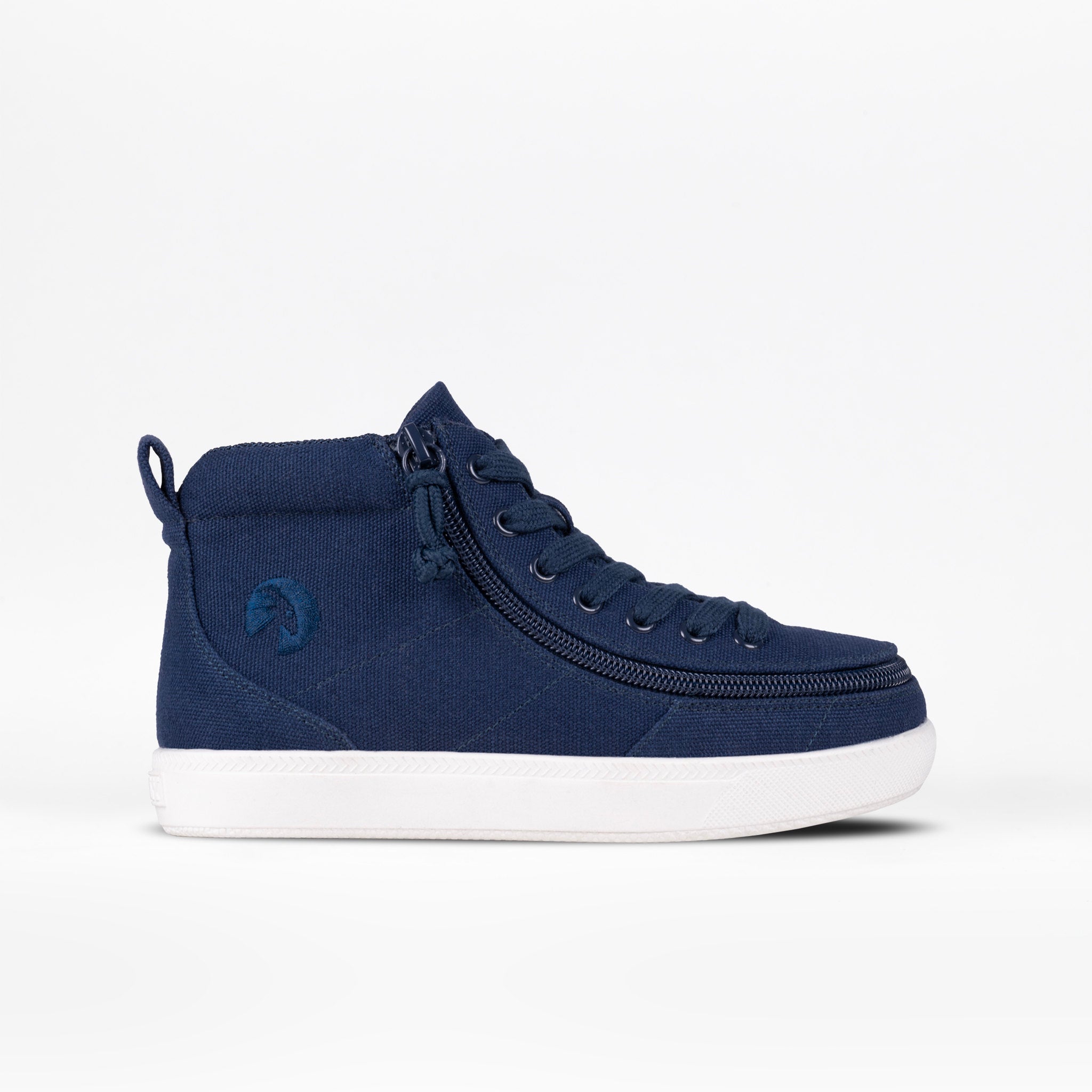 Blue high-top sneaker with a white sole on a light gray background