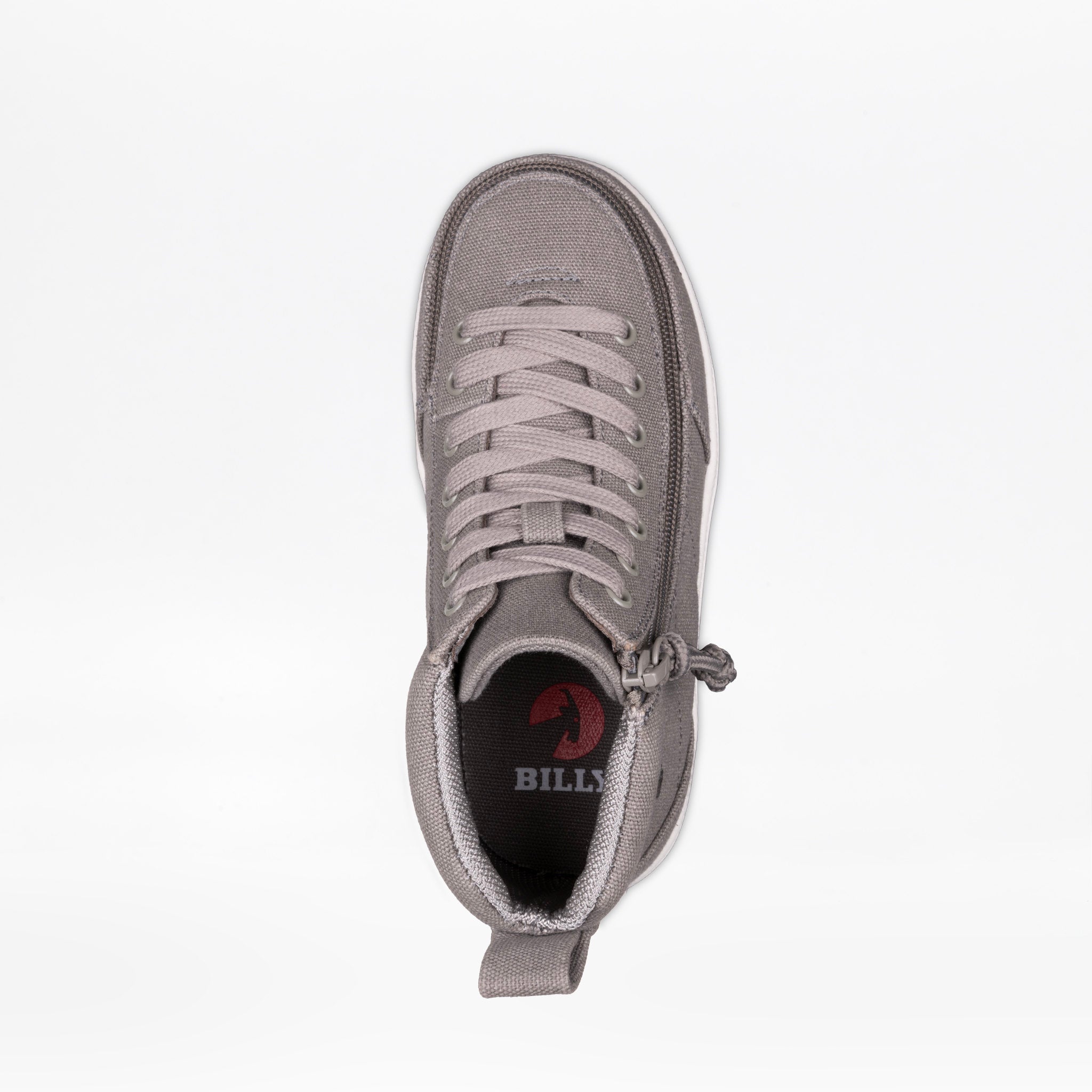 Gray sneaker with a visible brand logo on a white background