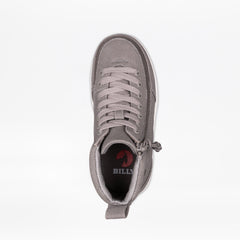 Gray sneaker with a visible brand logo on a white background