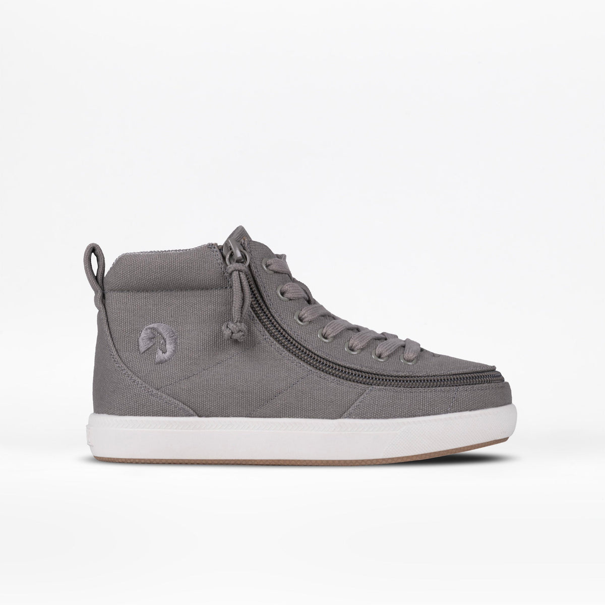 Gray high-top sneaker with a white sole on a light gray background