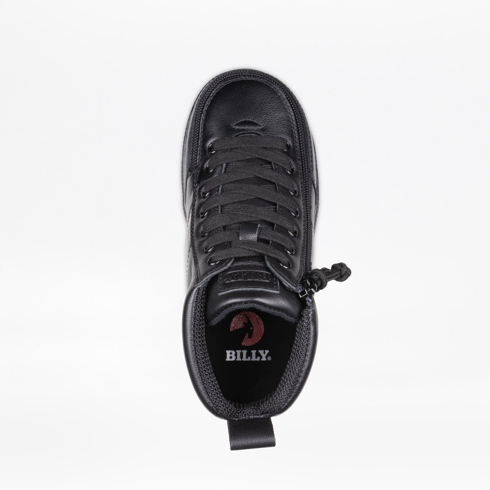 A top-down view of a black leather high-top sneaker by Billy, featuring black laces, a black pull tab, and the brand logo printed on the tongue.