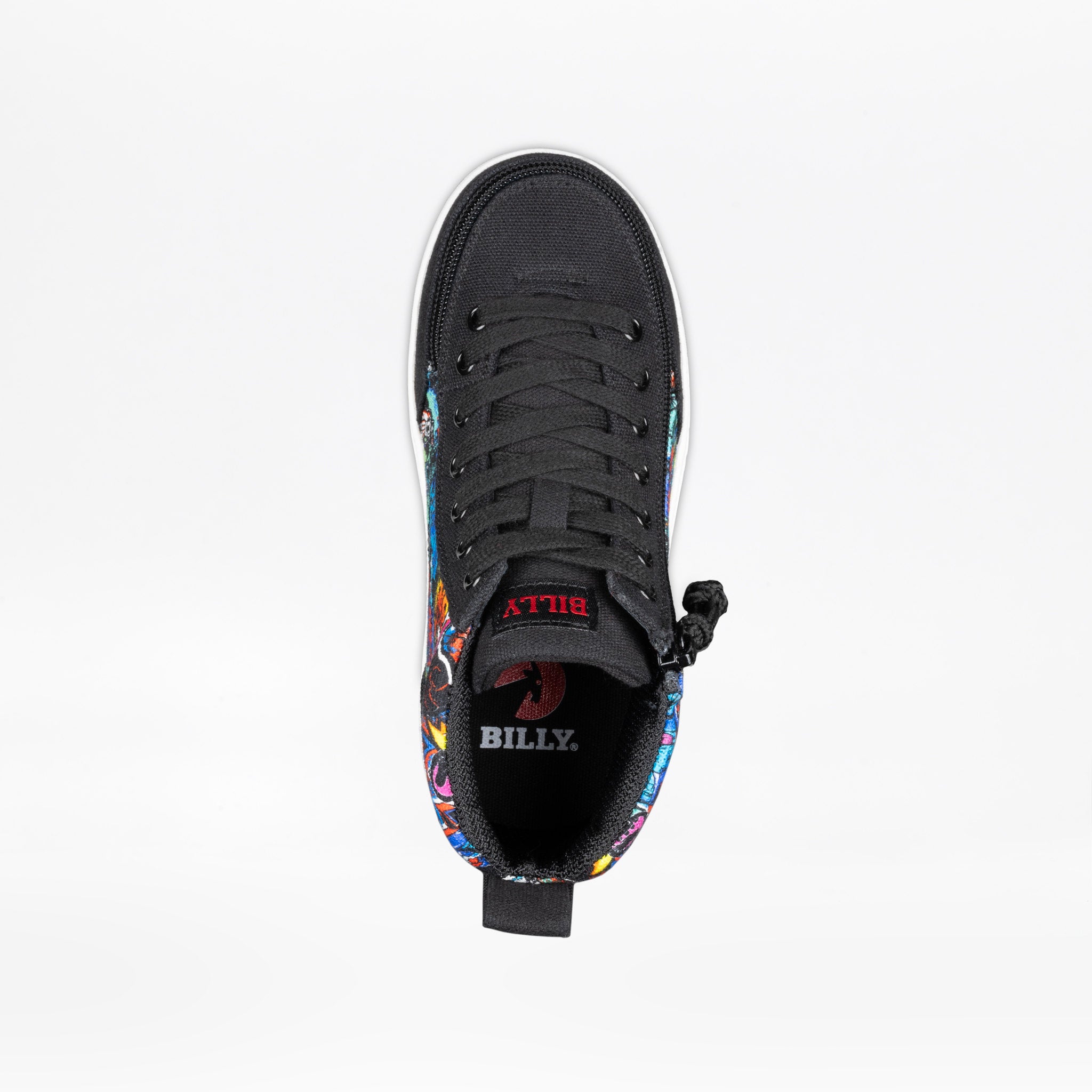 Black high-top sneaker with colorful sole and 'BILLY' branding on a white background