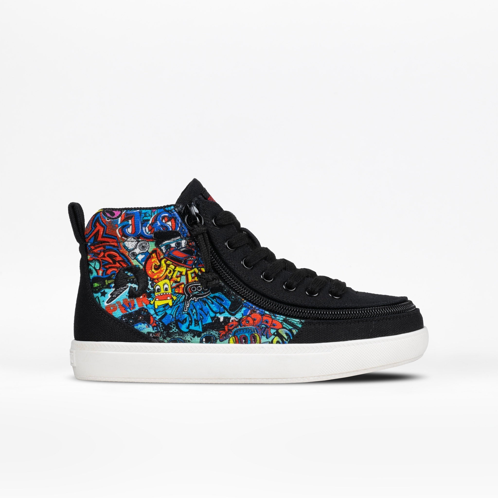 Black high-top sneaker with colorful graffiti design on a white background