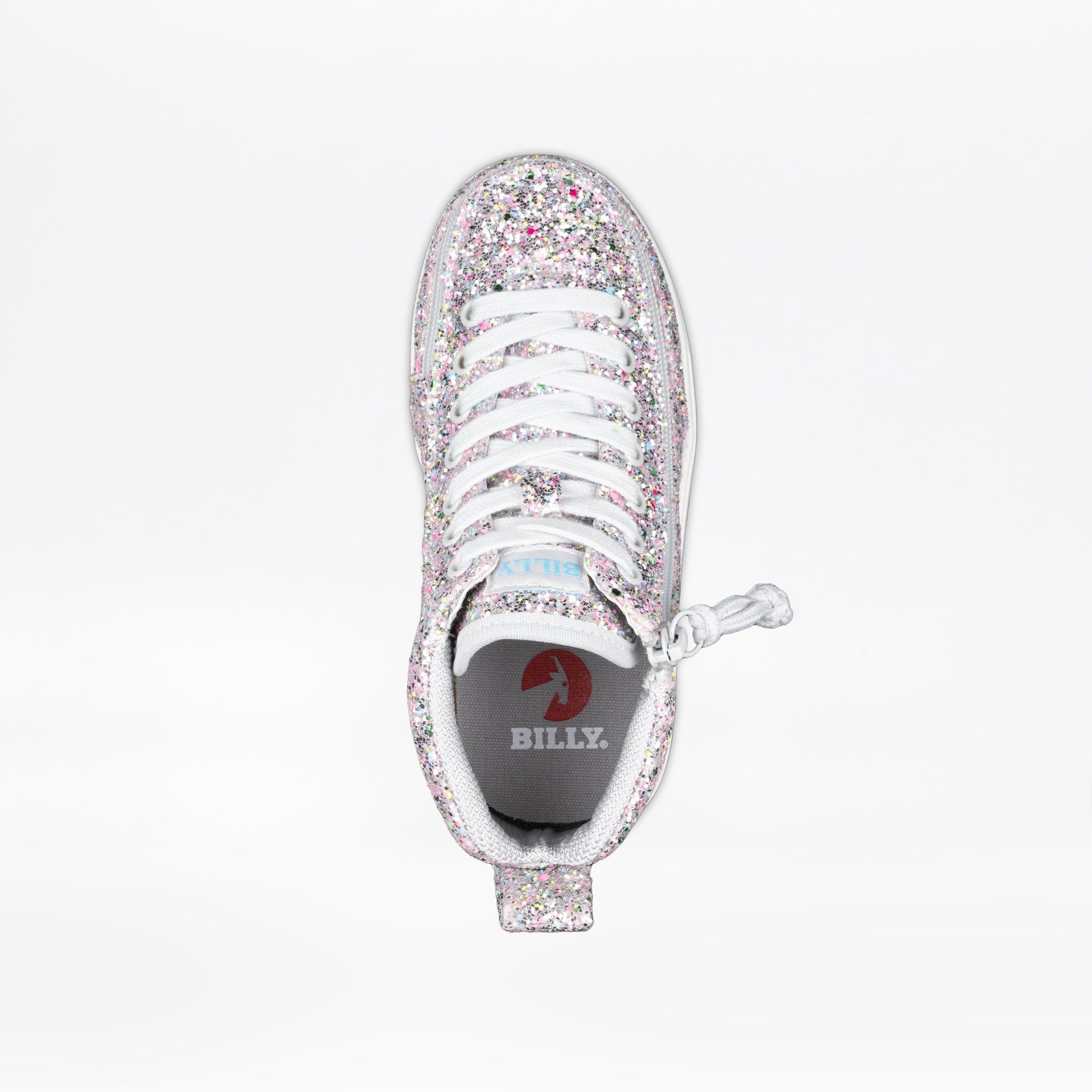 A single high-top sneaker covered in silver glitter, featuring white laces and a pull tab, shown from a top-down view on a white background. The insole displays the brand name 'BILLY.