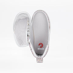 A pair of white low-top casual sneakers shown from a top-down view on a white background. One shoe is open to display the interior, which features a white insole with a red and white 'BILLY.