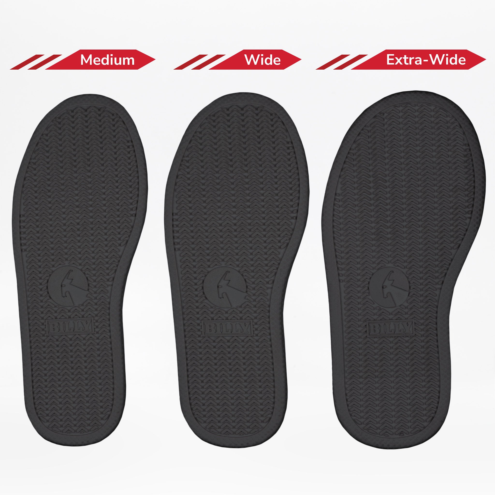 Three pairs of black insoles labeled 'Medium', 'Wide', and 'Extra-Wide' on a white background.