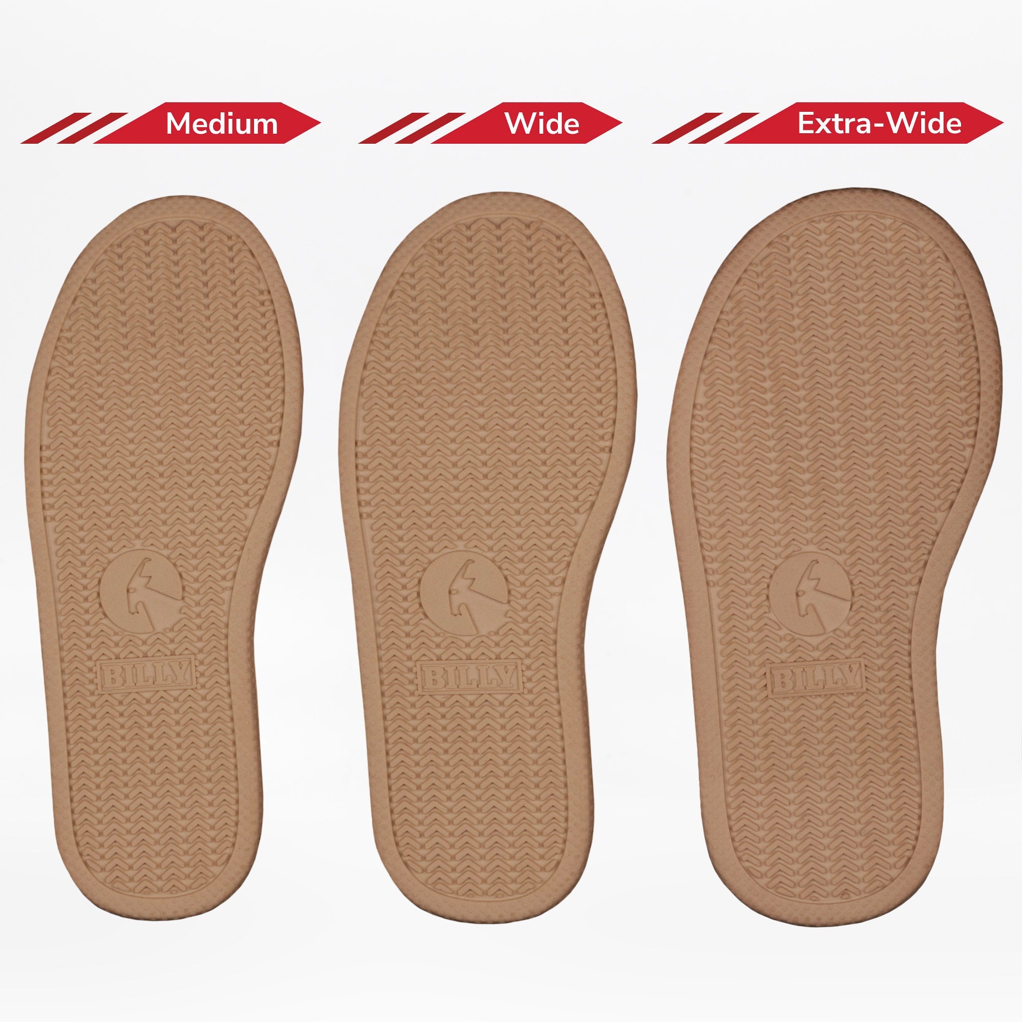 Three pairs of brown insoles labeled 'Medium', 'Wide', and 'Extra-Wide' on a white background.