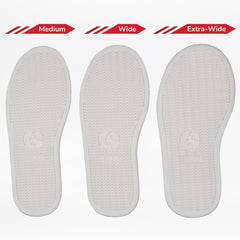 Three pairs of white insoles labeled 'Medium', 'Wide', and 'Extra-Wide' on a white background.