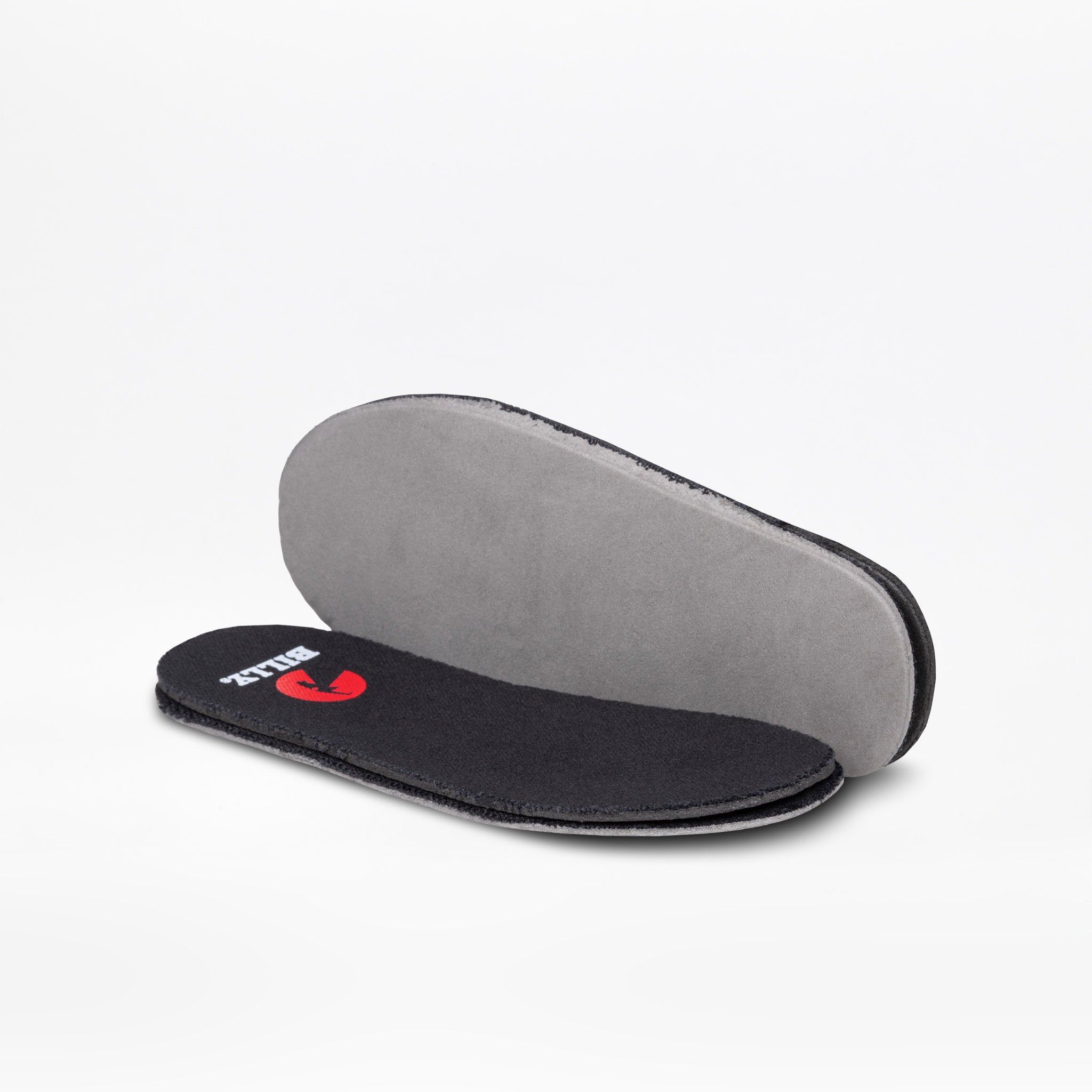A pair of black athletic shoe insoles with a gray cushioned footbed and a red and white logo, shown on a clean white background.