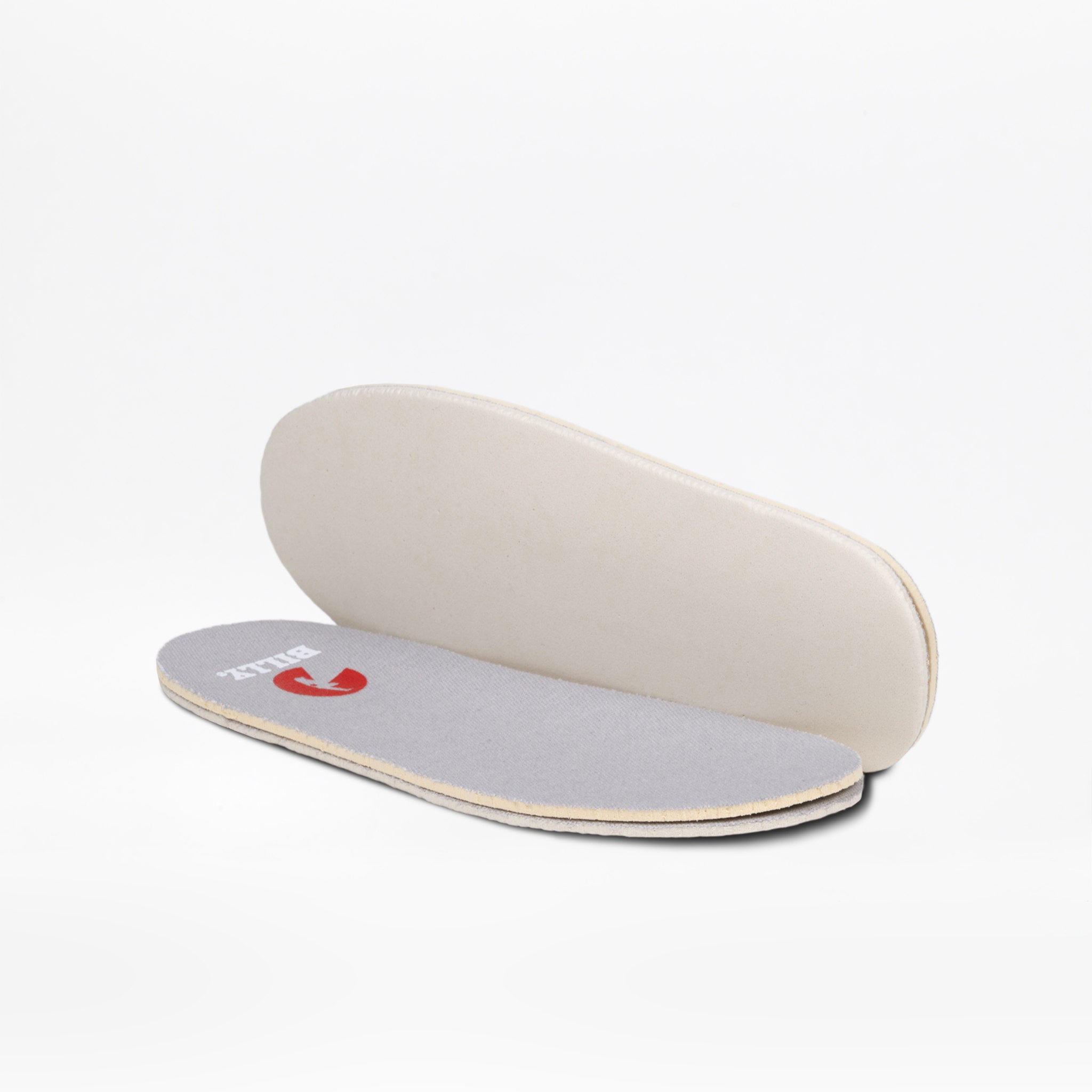 Gray shoe insole with a red logo on a white background