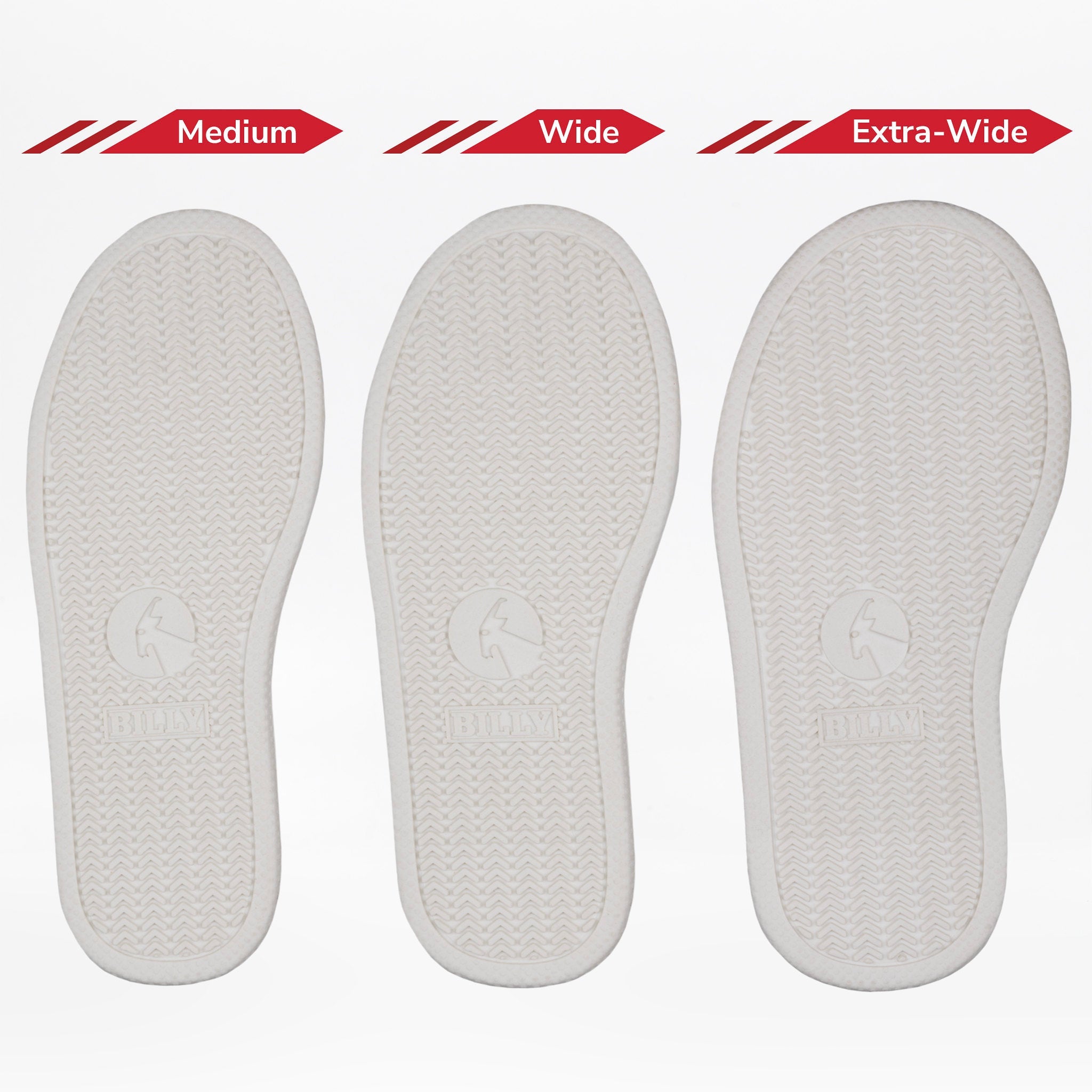Three pairs of white insoles labeled 'Medium', 'Wide', and 'Extra-Wide' on a white background.