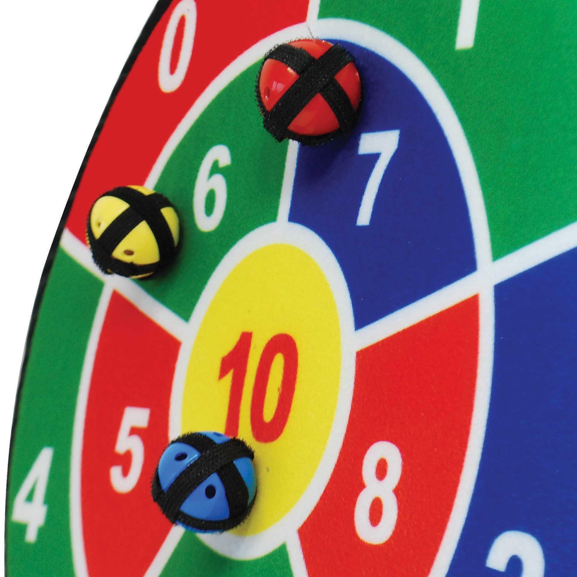 Colorful dartboard with three darts embedded in it on a white background