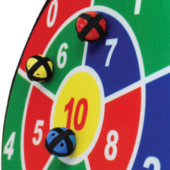 Colorful dartboard with three darts embedded in it on a white background