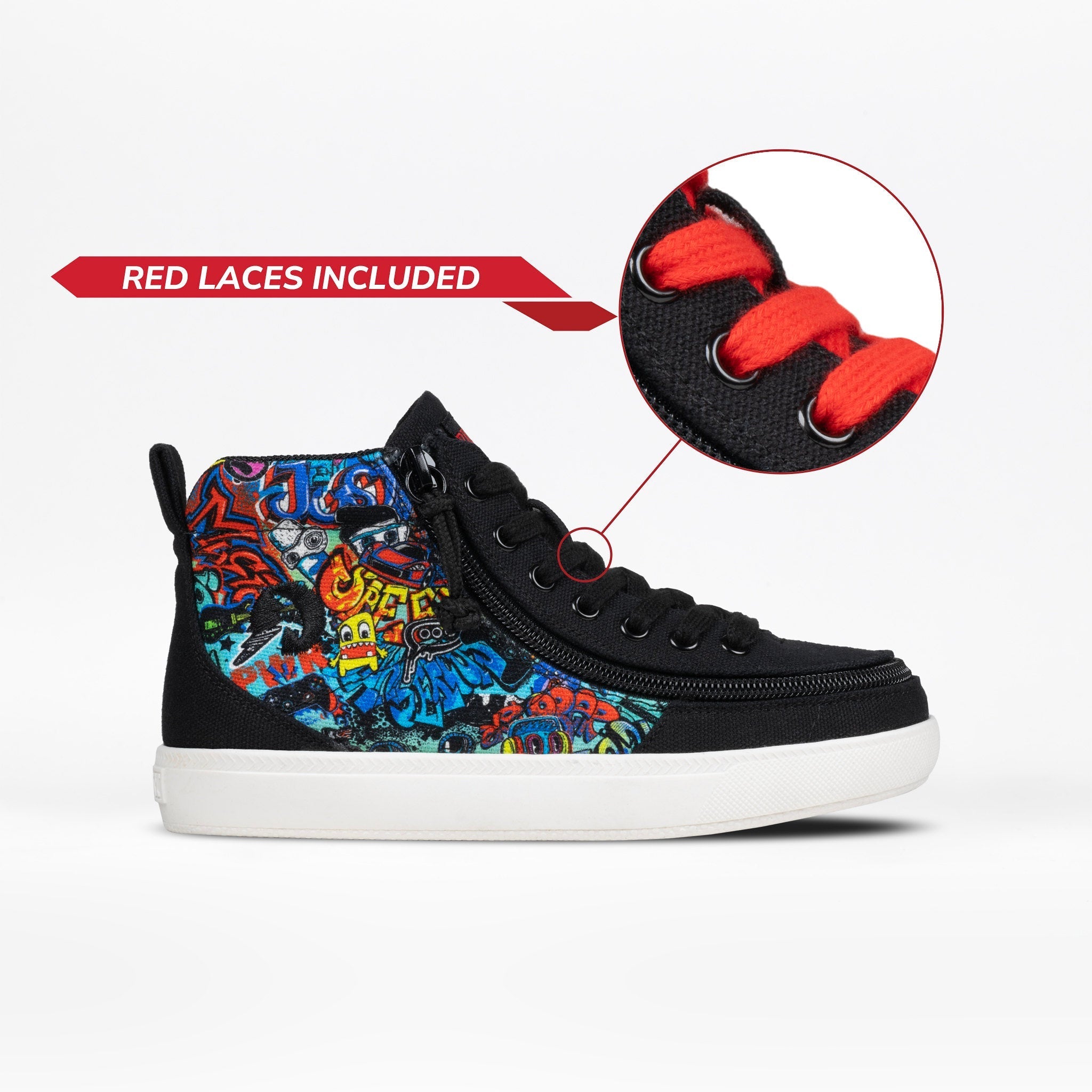 A black high-top sneaker with a colorful graffiti-style print on the side, black laces, and a white sole. A red banner says 'RED LACES INCLUDED' and a circular inset shows the red laces threaded through black eyelets.