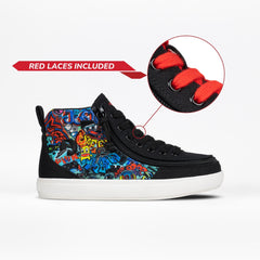 A black high-top sneaker with a colorful graffiti-style print on the side, black laces, and a white sole. A red banner says 'RED LACES INCLUDED' and a circular inset shows the red laces threaded through black eyelets.