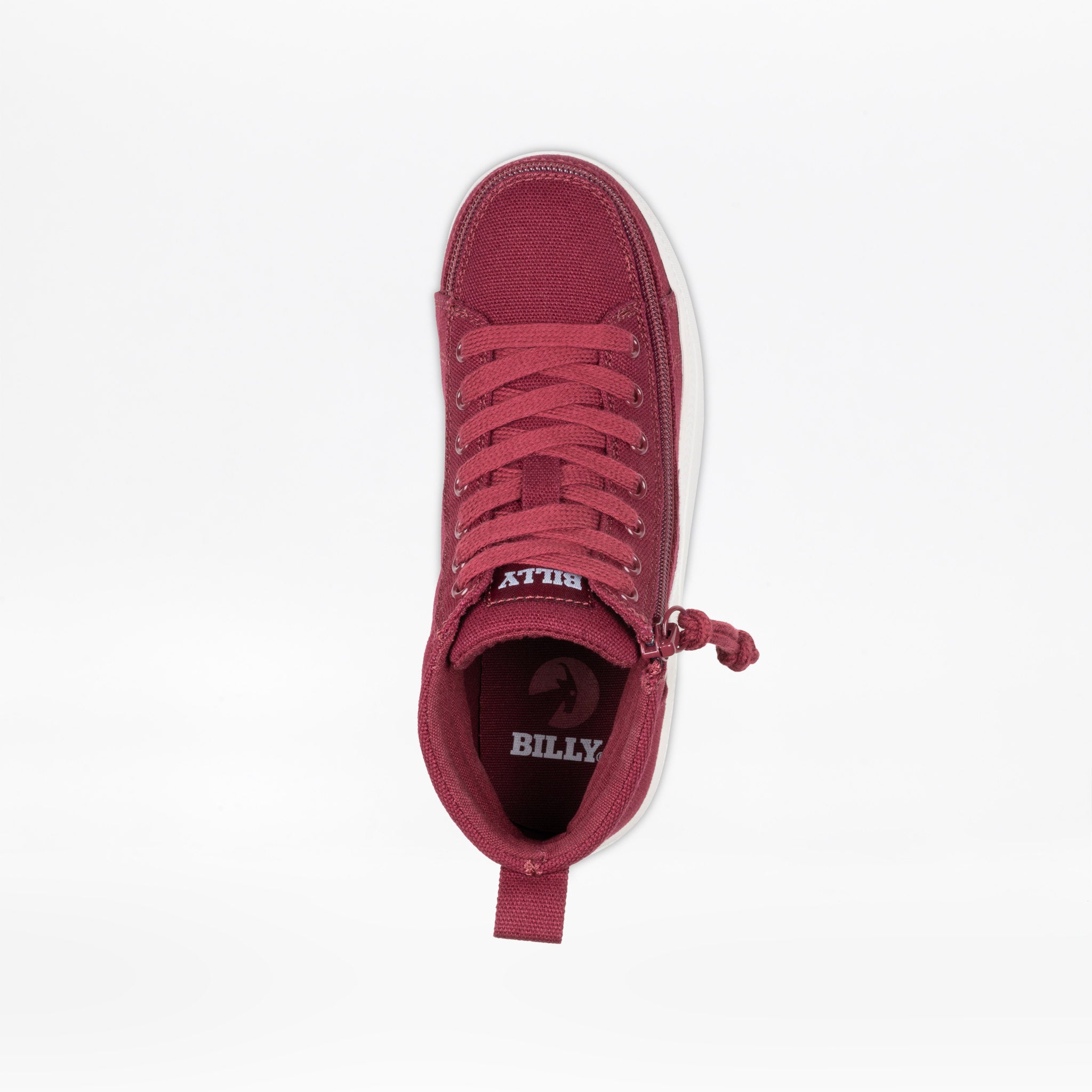 A top-down view of a BILLY brand mid-top canvas sneaker in a deep burgundy red, featuring matching red laces, a red pull tab, and a white sole, set against a plain white background.