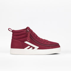 Maroon high-top sneaker with a white sole on a light gray background