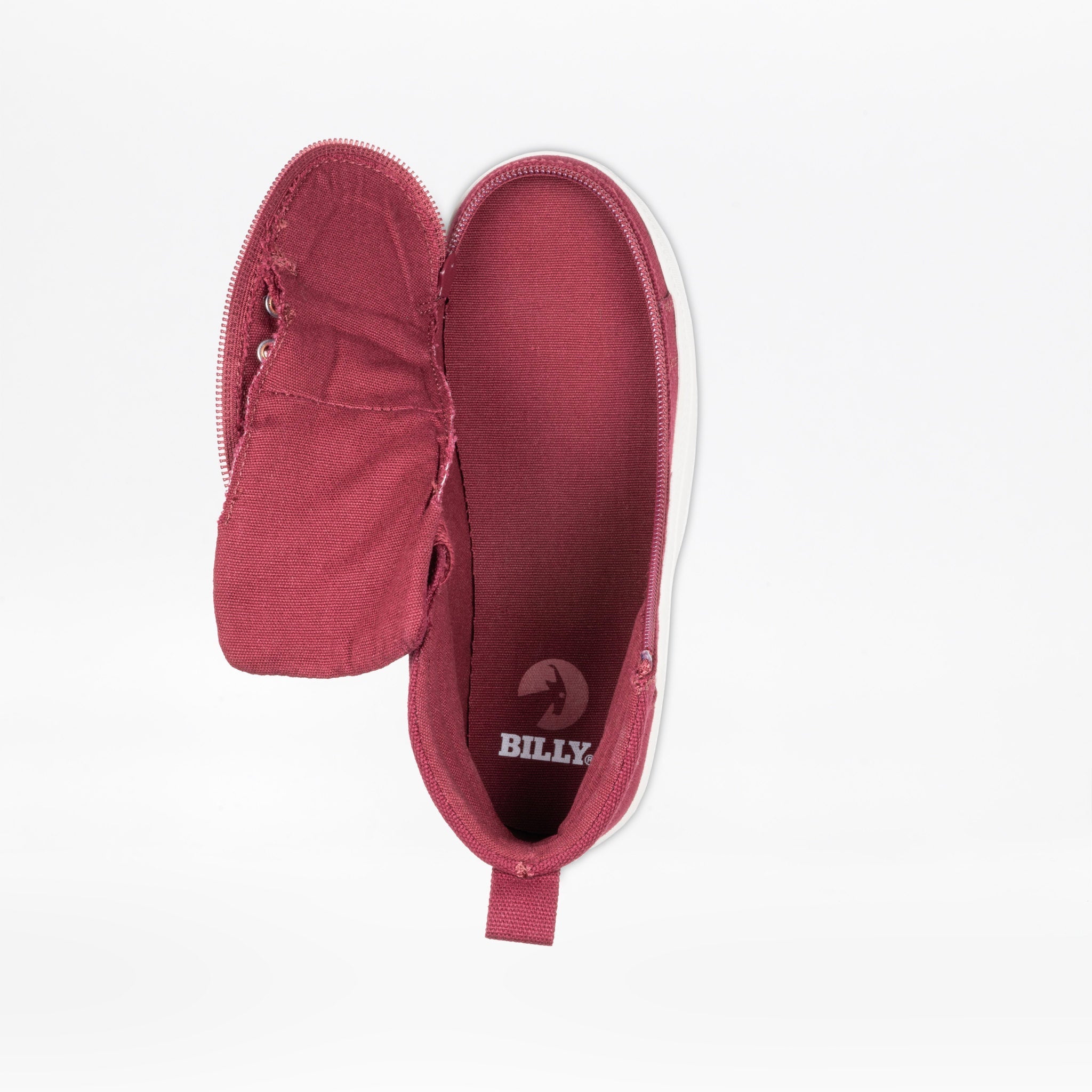 A pair of dusty rose canvas slip-on shoes with a white sole, shown from a top-down view on a white background. The brand name 'BILLY' is printed on the insole.