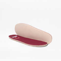 Pair of shoe insoles with a brand logo on a white background