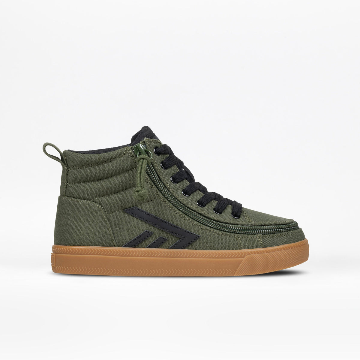 An olive green high-top sneaker with black laces, a black side stripe, and a tan gum sole, shown from a side profile on a white background.