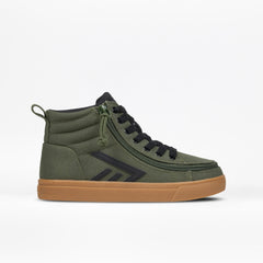 An olive green high-top sneaker with black laces, a black side stripe, and a tan gum sole, shown from a side profile on a white background.