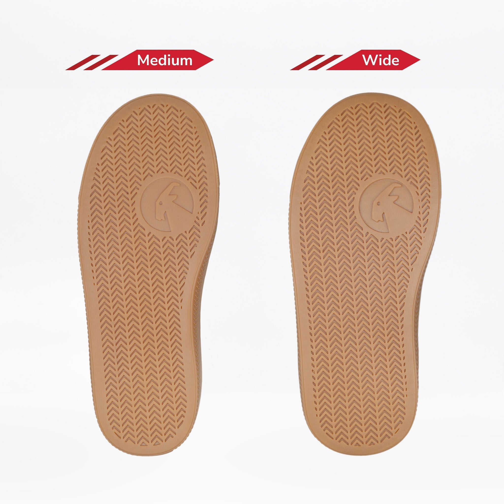 Two pairs of brown insoles labeled 'Medium' and 'Wide' on a white background.