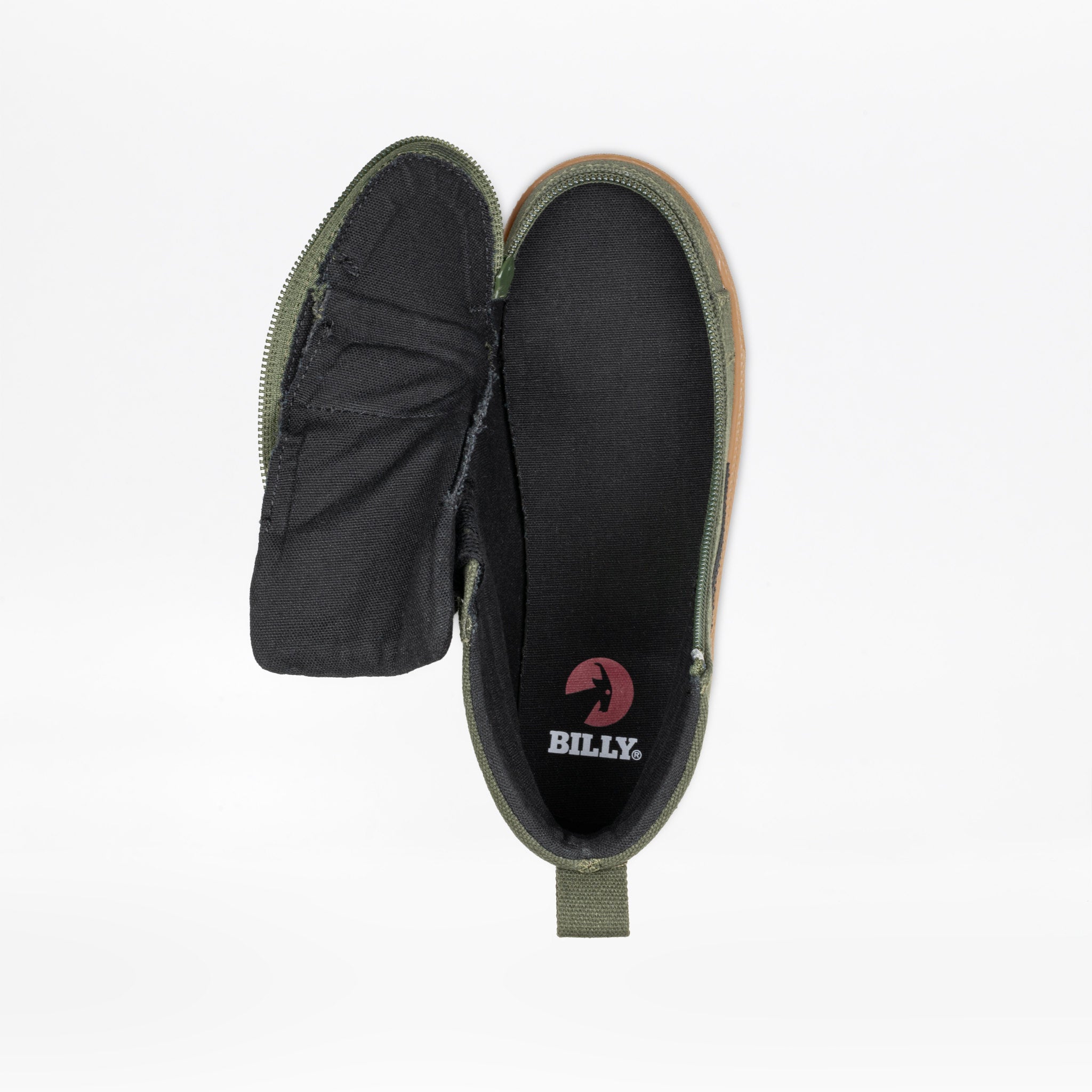 Black slip-on shoe with green interior and 'BILLY' logo on a white background