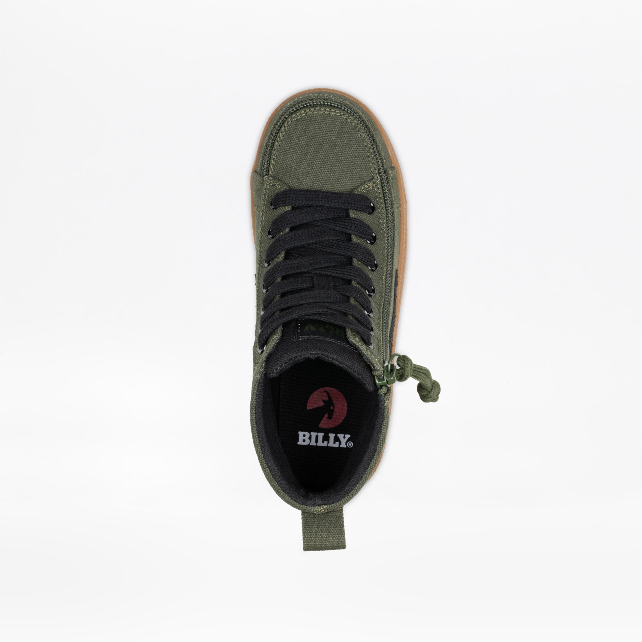 Green sneaker with black laces on a white background