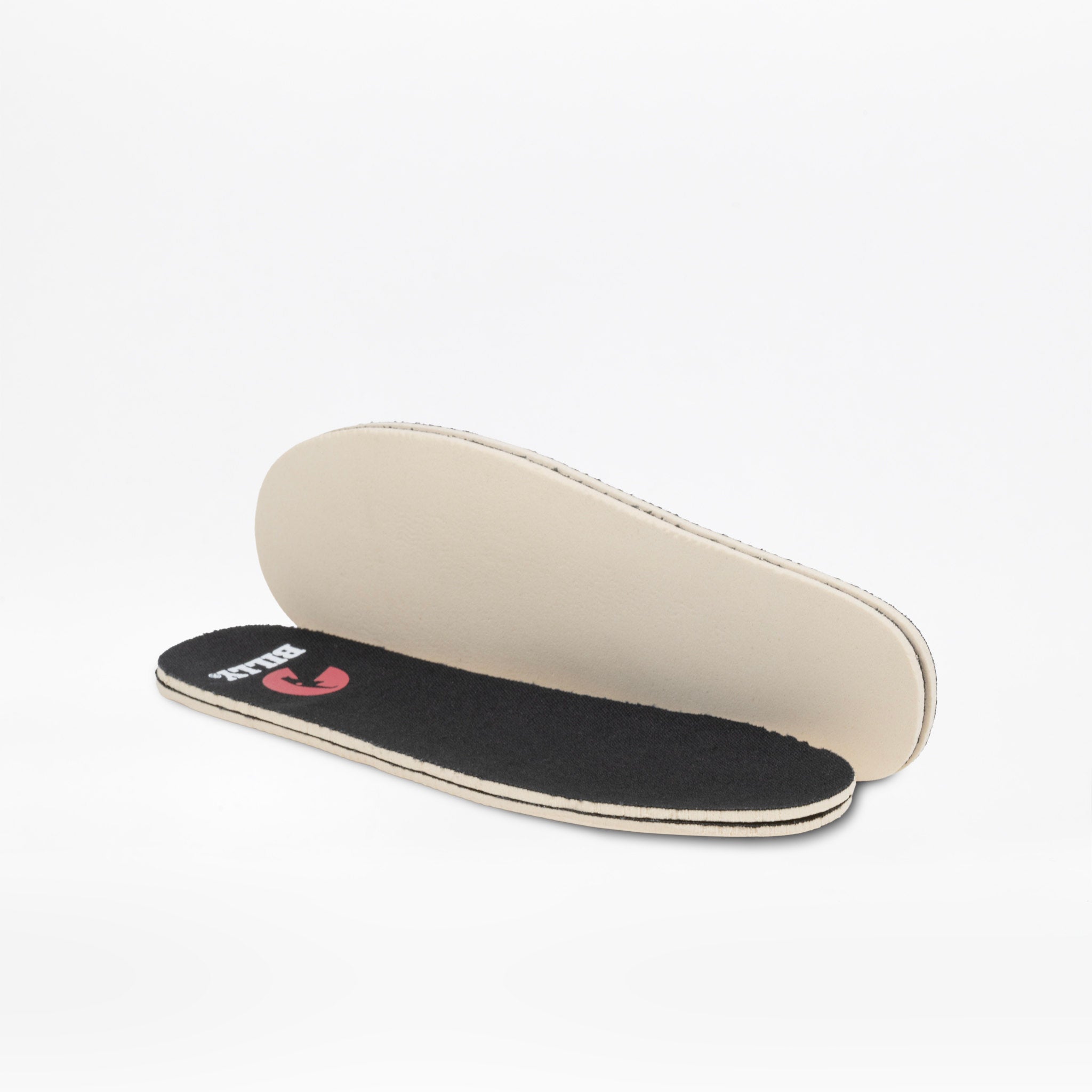 Two custom orthopedic shoe insoles shown on a clean white background. One insole is positioned upright to display its cream-colored top surface, while the other lies flat to show its black textured bottom with a small red logo and white text.