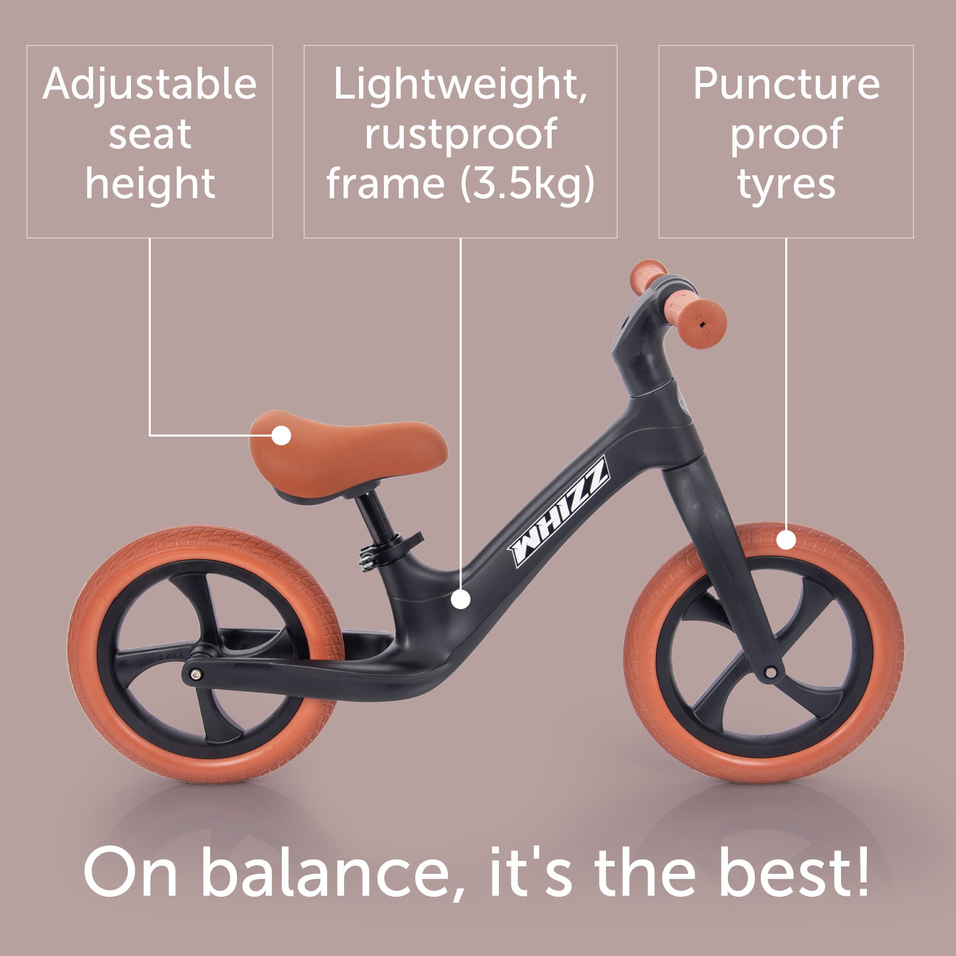 Balance bike with features highlighted on a beige background