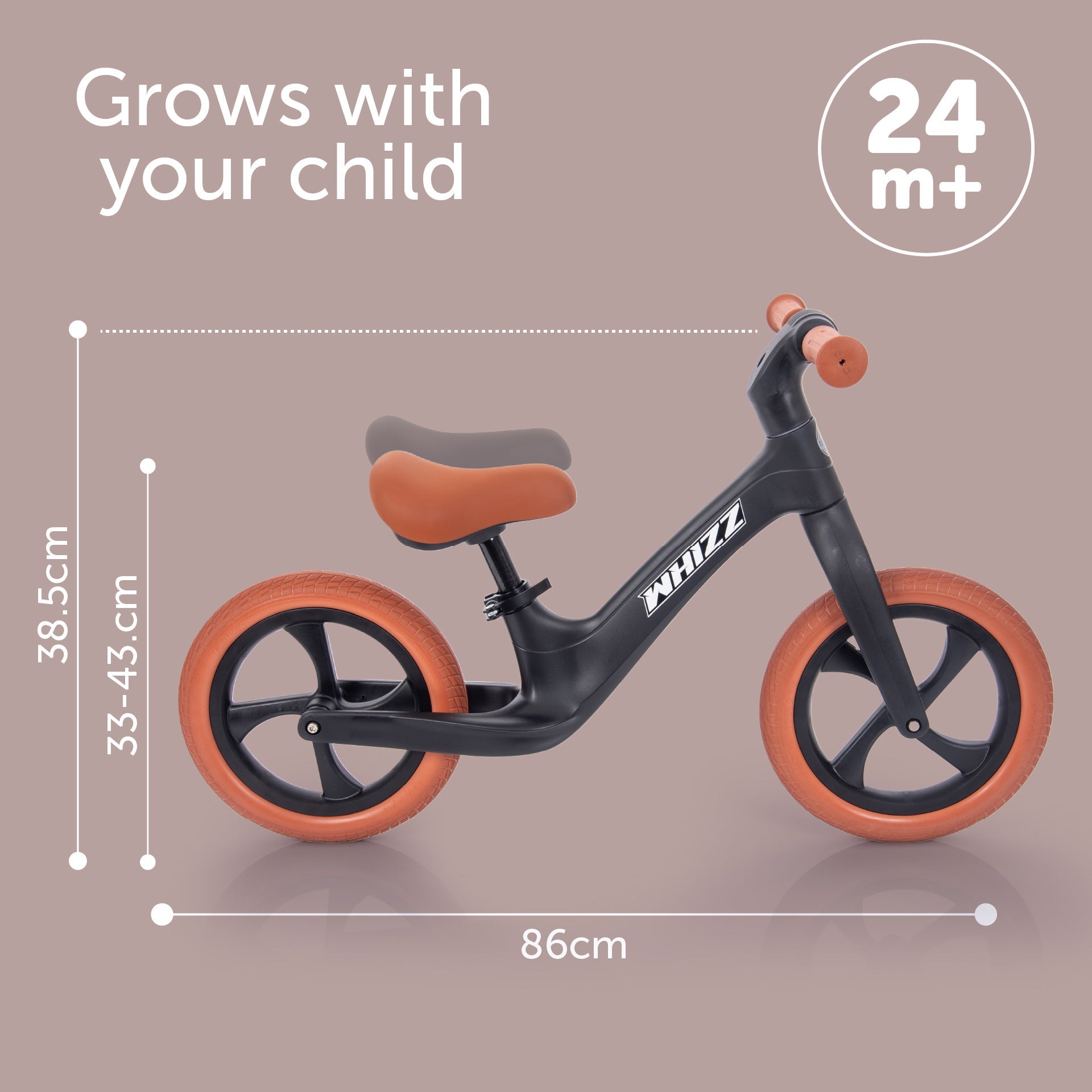 Children's balance bike with dimensions and 'Grows with your child' text on a brown background