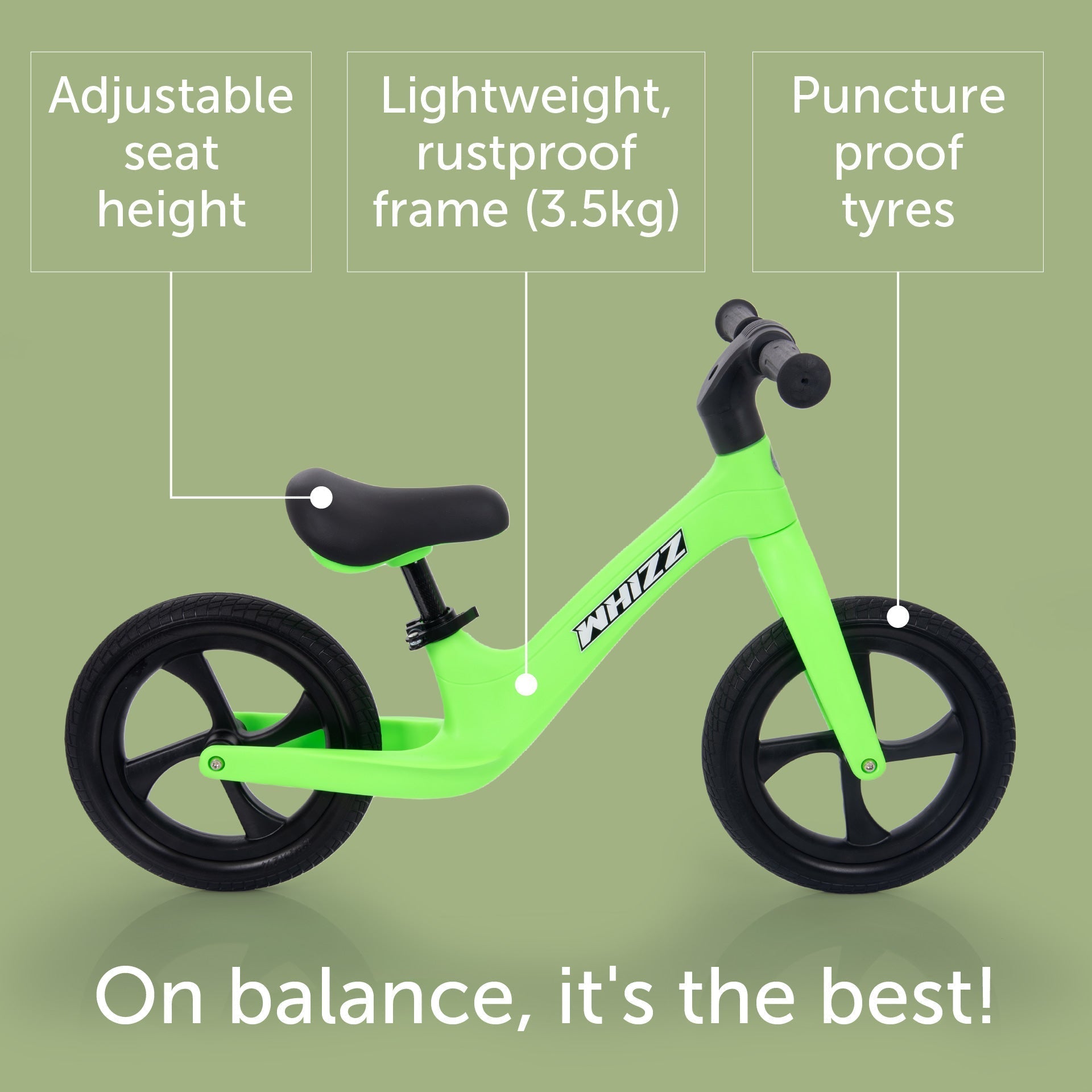 Green balance bike with features highlighted on a green background