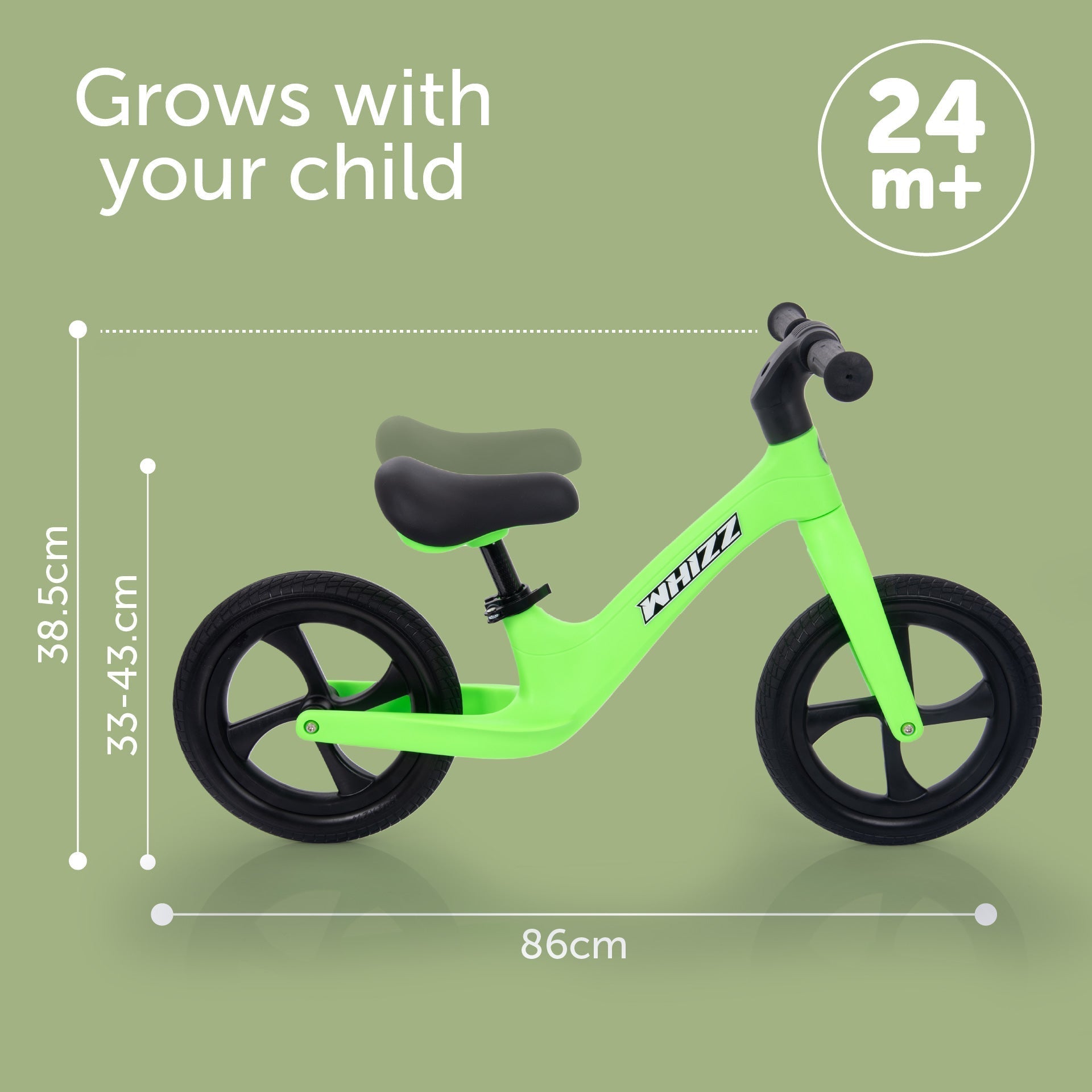 Green balance bike with dimensions and 'Grows with your child' text on a green background