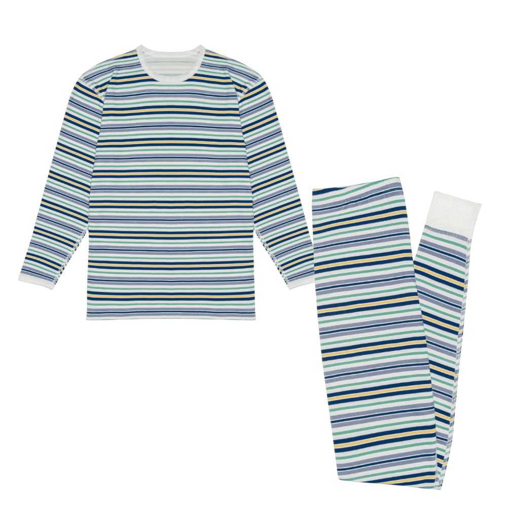 Striped pajama set with long-sleeve top and pants on a white background