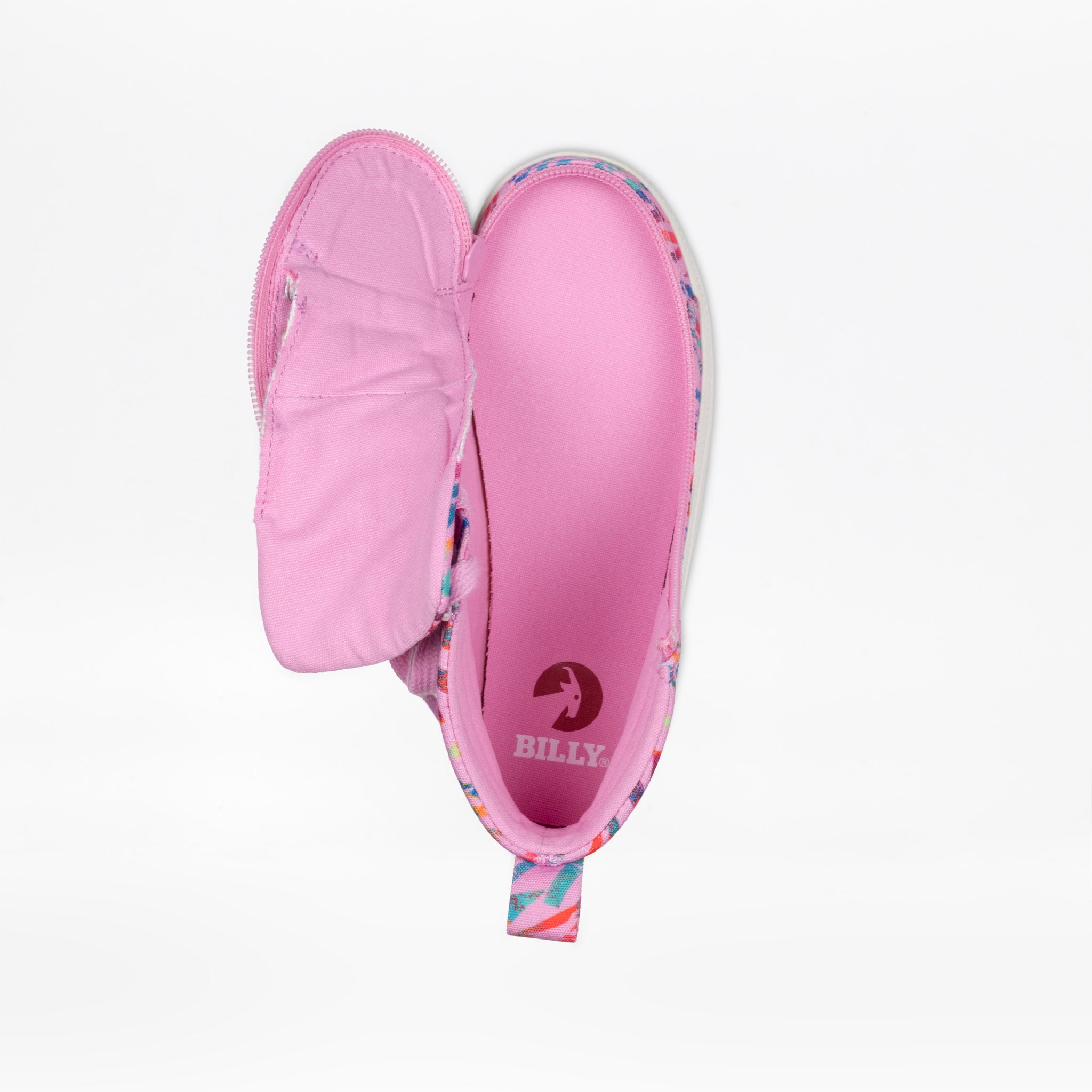 A pink slip-on shoe shown from a top-down angle with the zip-up flap open, revealing a matching pink interior. The outer edge has a small multicolor floral pattern, and the brand name 'BILLY' is printed inside near the heel.