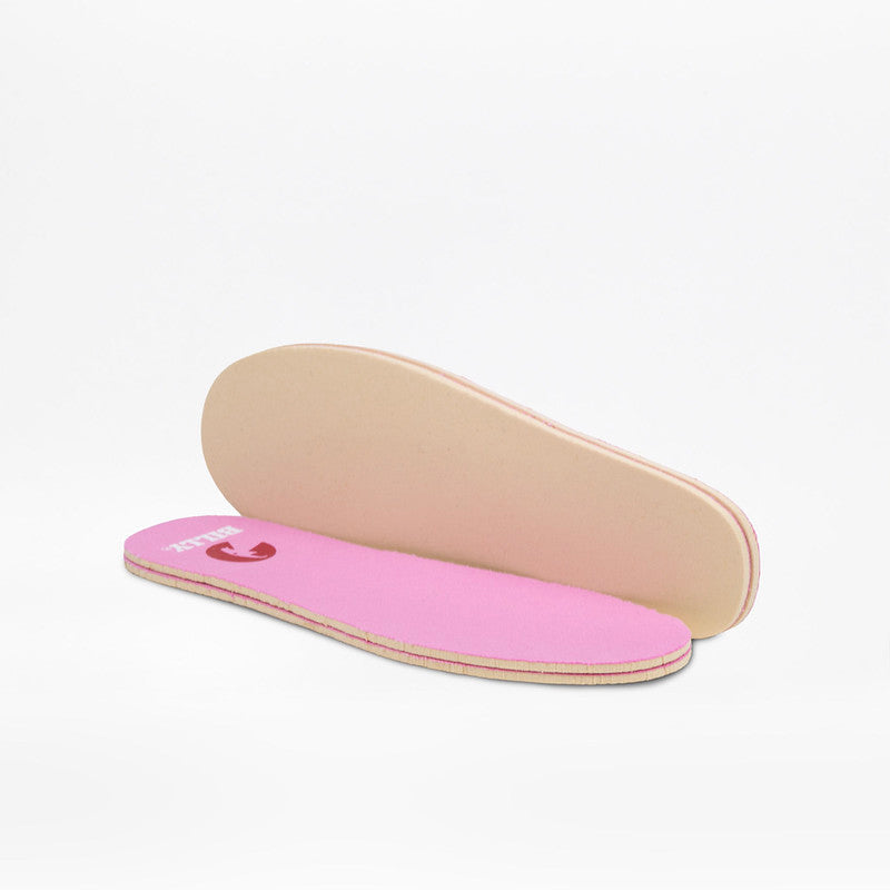 A pair of custom shoe insoles, one showing the pink top layer with a small red logo and the beige footbed underneath, set against a plain white background.
