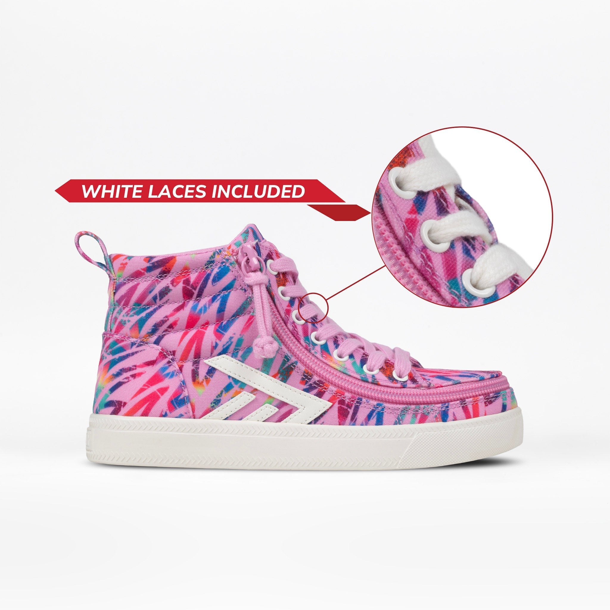 A pink high-top sneaker with a colorful abstract pattern, featuring a white circular inset showing the white laces and a red banner that reads 'WHITE LACES INCLUDED'.