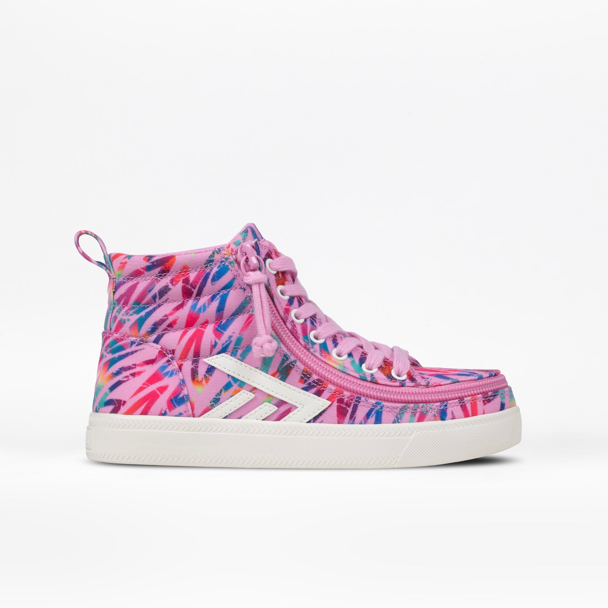 A high-top sneaker featuring a vibrant pink, blue, and red abstract pattern on the upper, with a white side stripe, pink laces, and a white rubber sole.