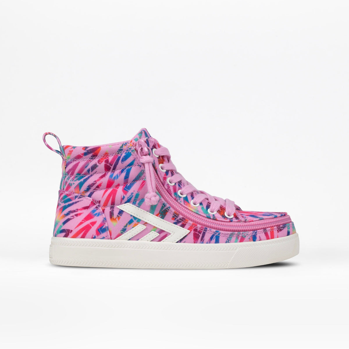 A high-top sneaker featuring a vibrant pink, blue, and red abstract pattern on the upper, with a white side stripe, pink laces, and a white rubber sole.