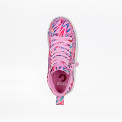 A single pink high-top sneaker with a colorful abstract tie-dye pattern in blue, purple, and pink, featuring matching pink laces and a pull tab, shown from a top-down view on a white background. The brand name 'BILLY' is visible on the inner sole.