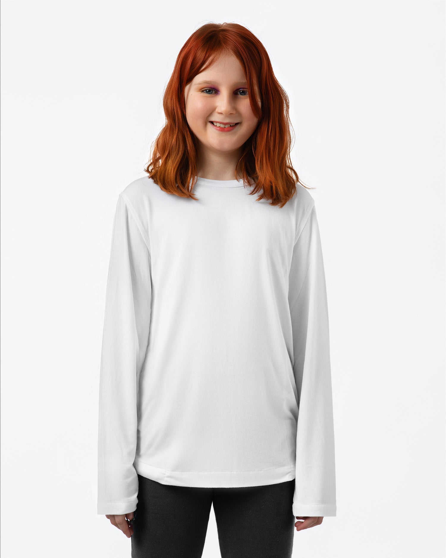 Person wearing a white long-sleeve shirt on a white background