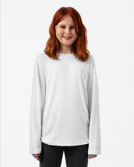Person wearing a white long-sleeve shirt on a white background