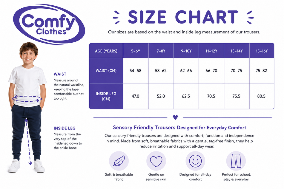Comfy Clothes size chart for children's trousers with a child model and product features.