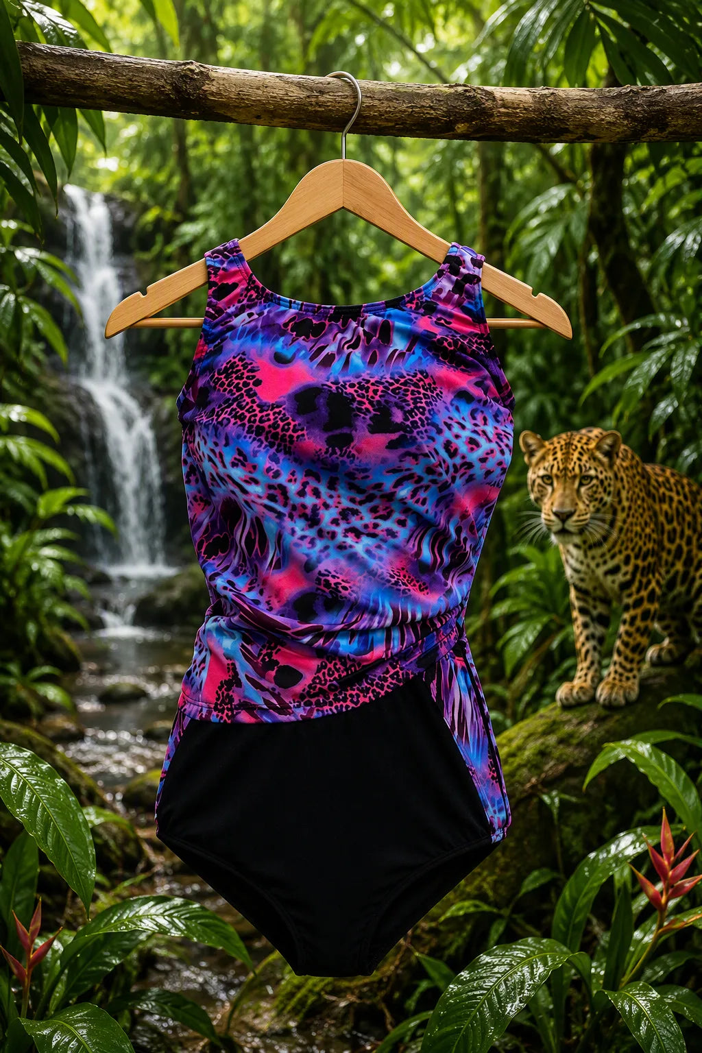 A sleeveless one-piece swimsuit with a vibrant pink, purple, and blue leopard print top and solid black bottoms, hanging on a wooden hanger from a tree branch in a lush jungle setting with a waterfall and a leopard in the background. AI