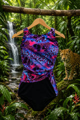 A sleeveless one-piece swimsuit with a vibrant pink, purple, and blue leopard print top and solid black bottoms, hanging on a wooden hanger from a tree branch in a lush jungle setting with a waterfall and a leopard in the background. AI