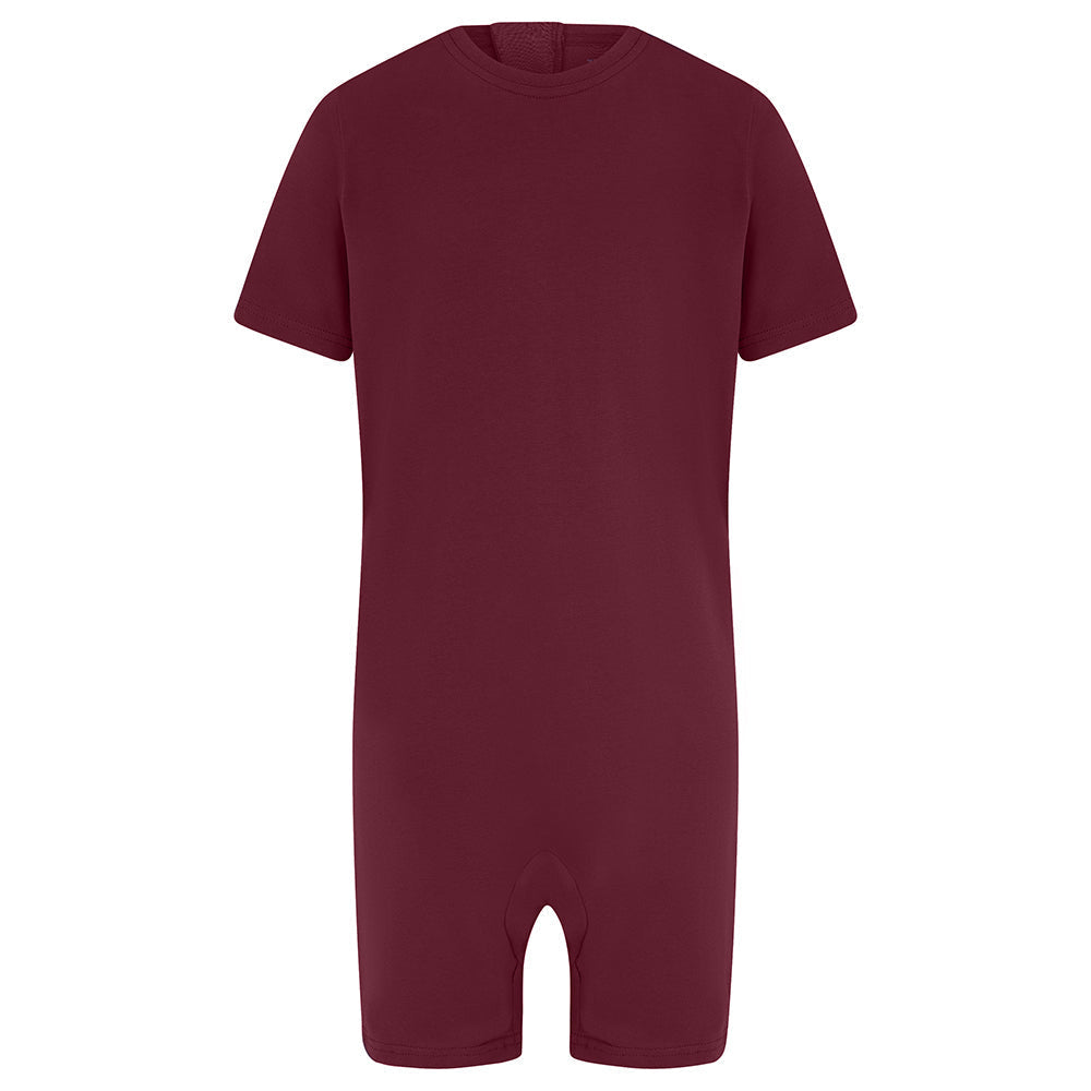 A short-sleeve one-piece romper in a solid deep burgundy color, displayed on a clean white background.